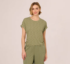 Cap Sleeve Ruched Side Top In Oil Green Scribble Daisy