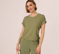 Cap Sleeve Ruched Side Top In Oil Green Scribble Daisy