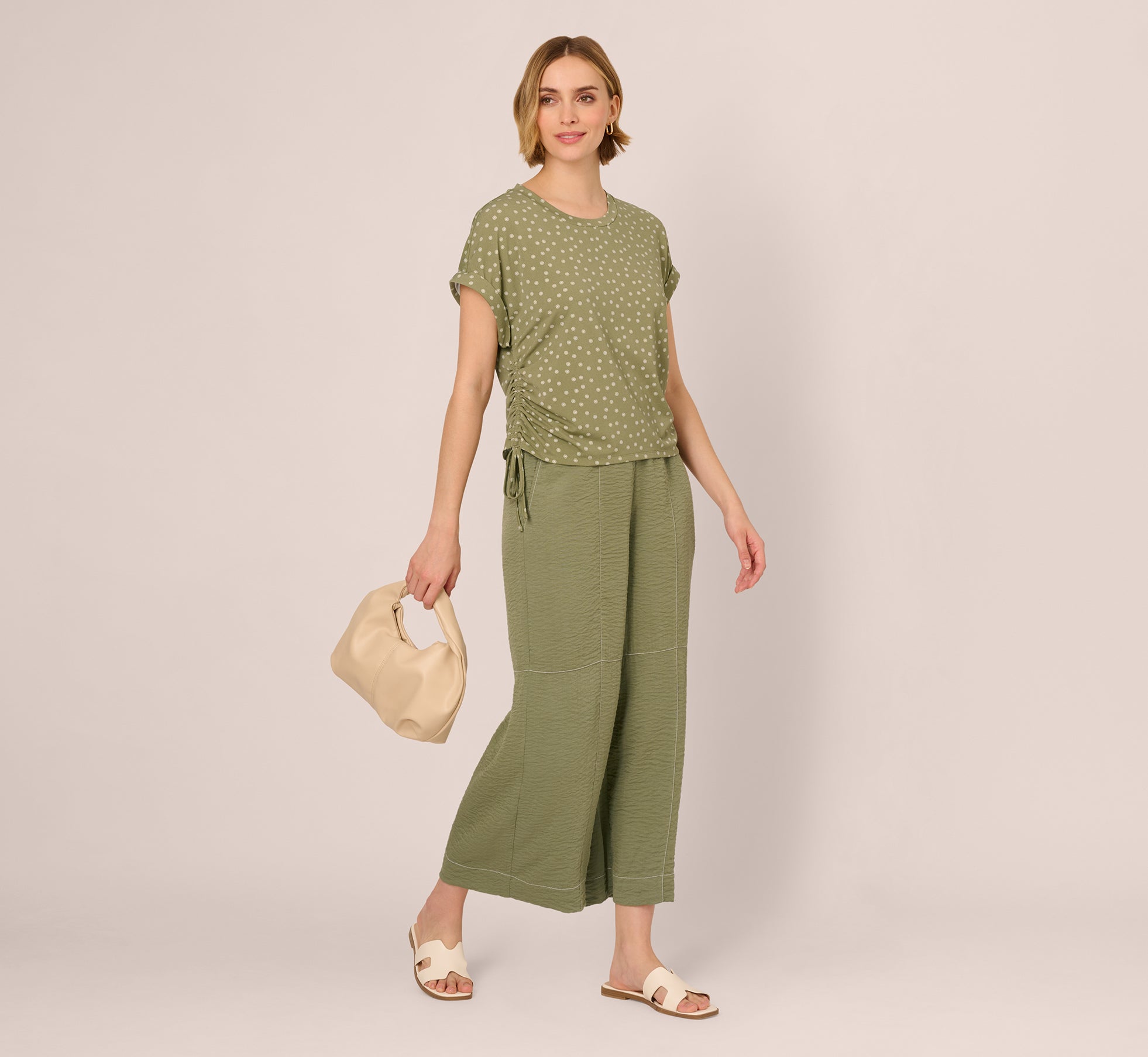 Cap Sleeve Ruched Side Top In Oil Green Scribble Daisy