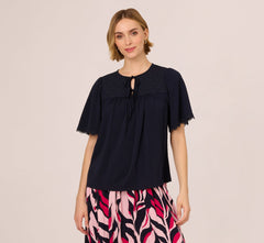 Short Sleeve Neck Tie Embroidered Yoke Top In Blue Moon