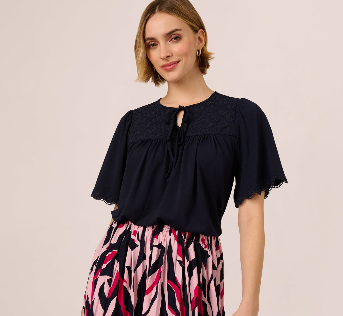 Short Sleeve Neck Tie Embroidered Yoke Top In Blue Moon