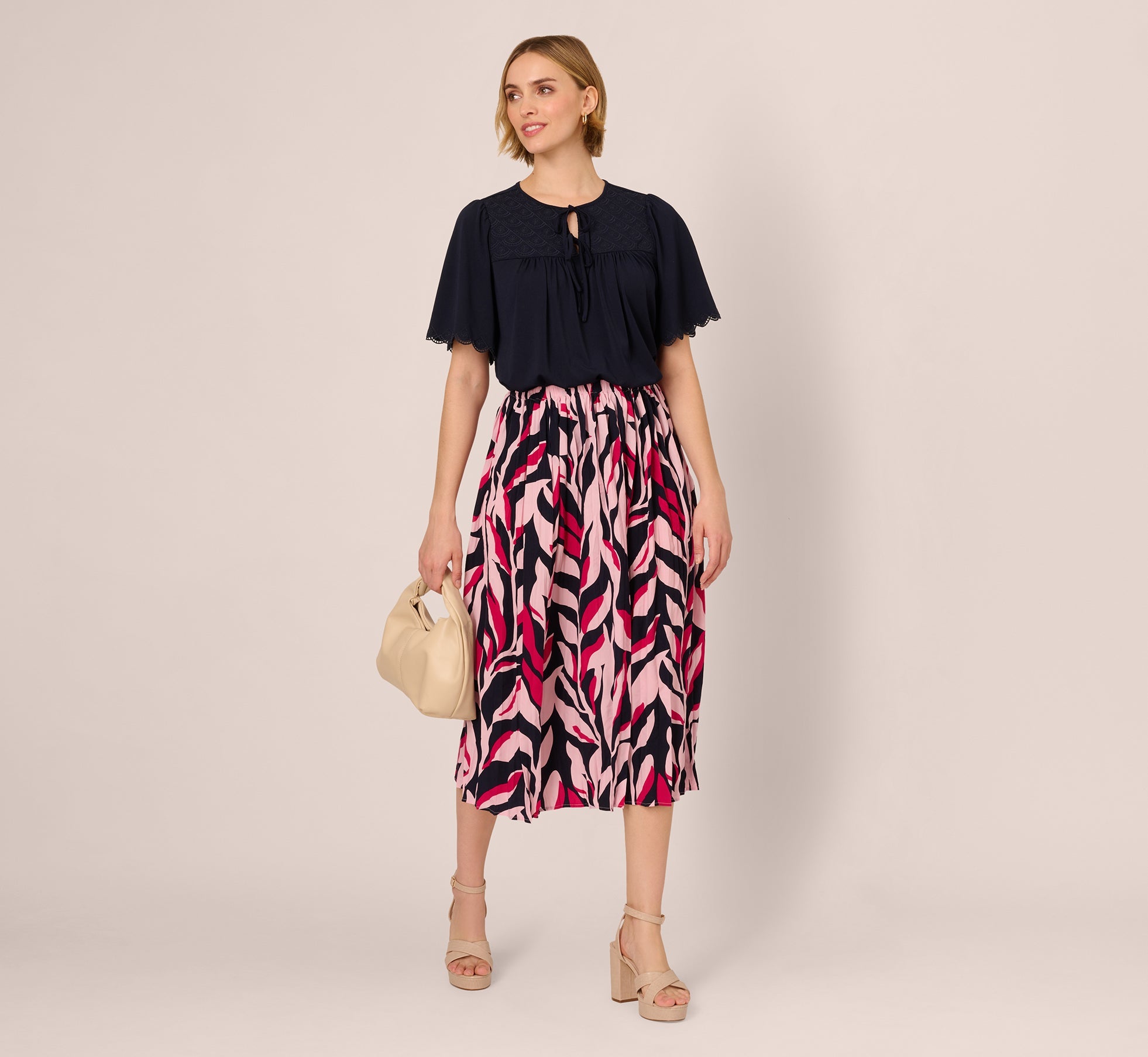 Short Sleeve Neck Tie Embroidered Yoke Top In Blue Moon