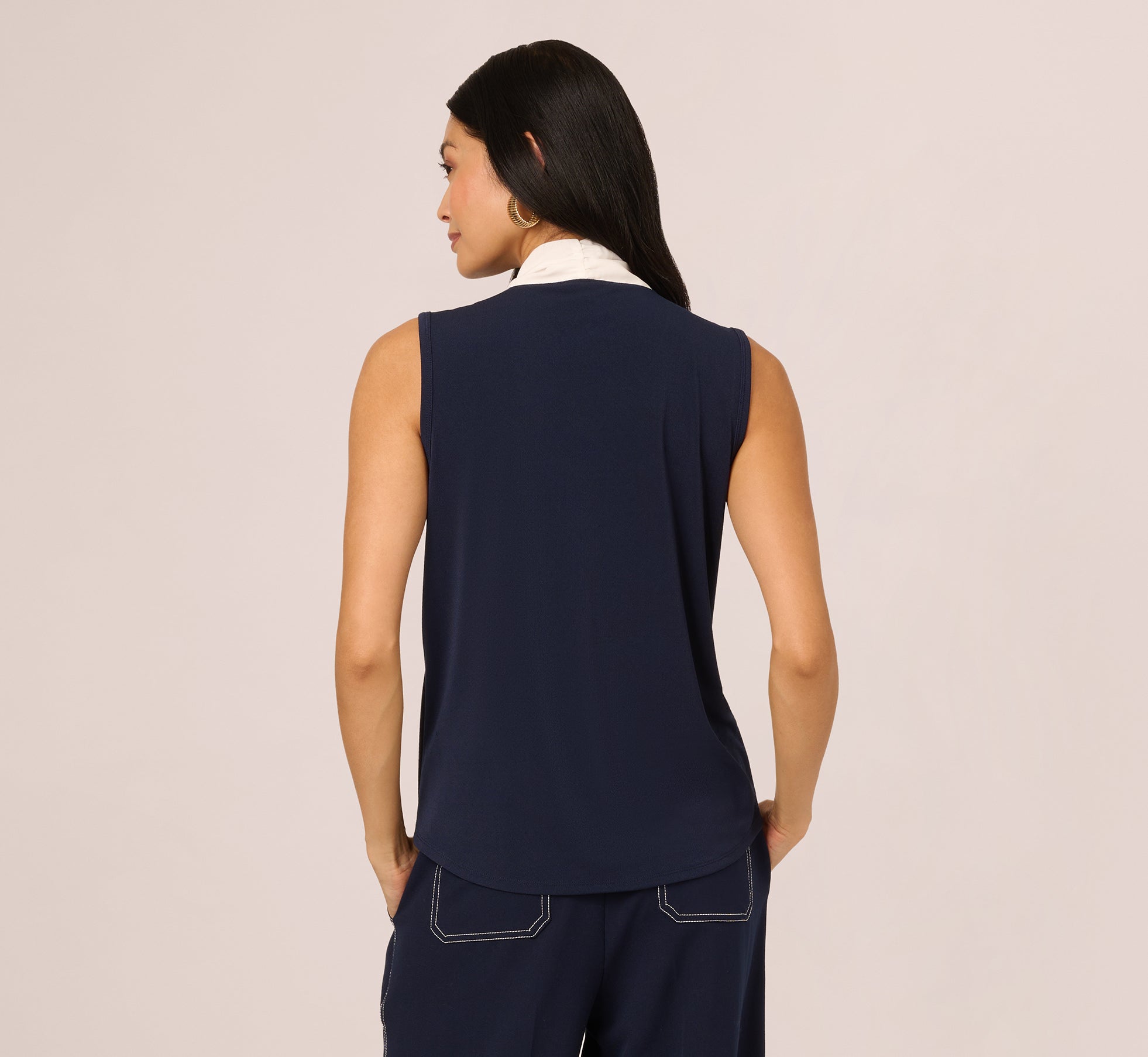 Tie Collar Knit Vest Top In Blue Moon Ivory