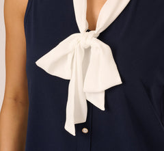 Tie Collar Knit Vest Top In Blue Moon Ivory