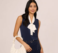 Tie Collar Knit Vest Top In Blue Moon Ivory