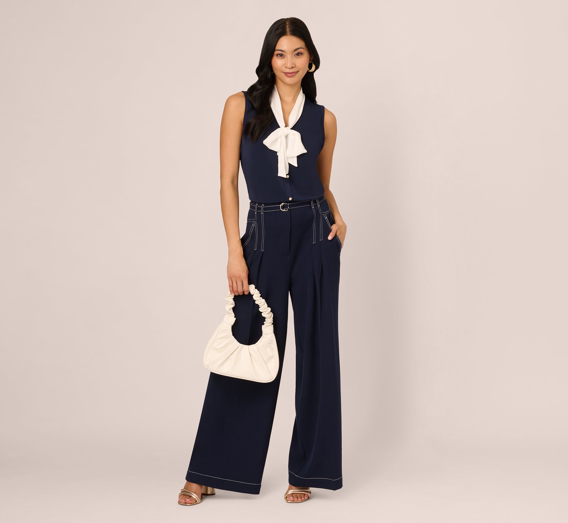 Tie Collar Knit Vest Top In Blue Moon Ivory