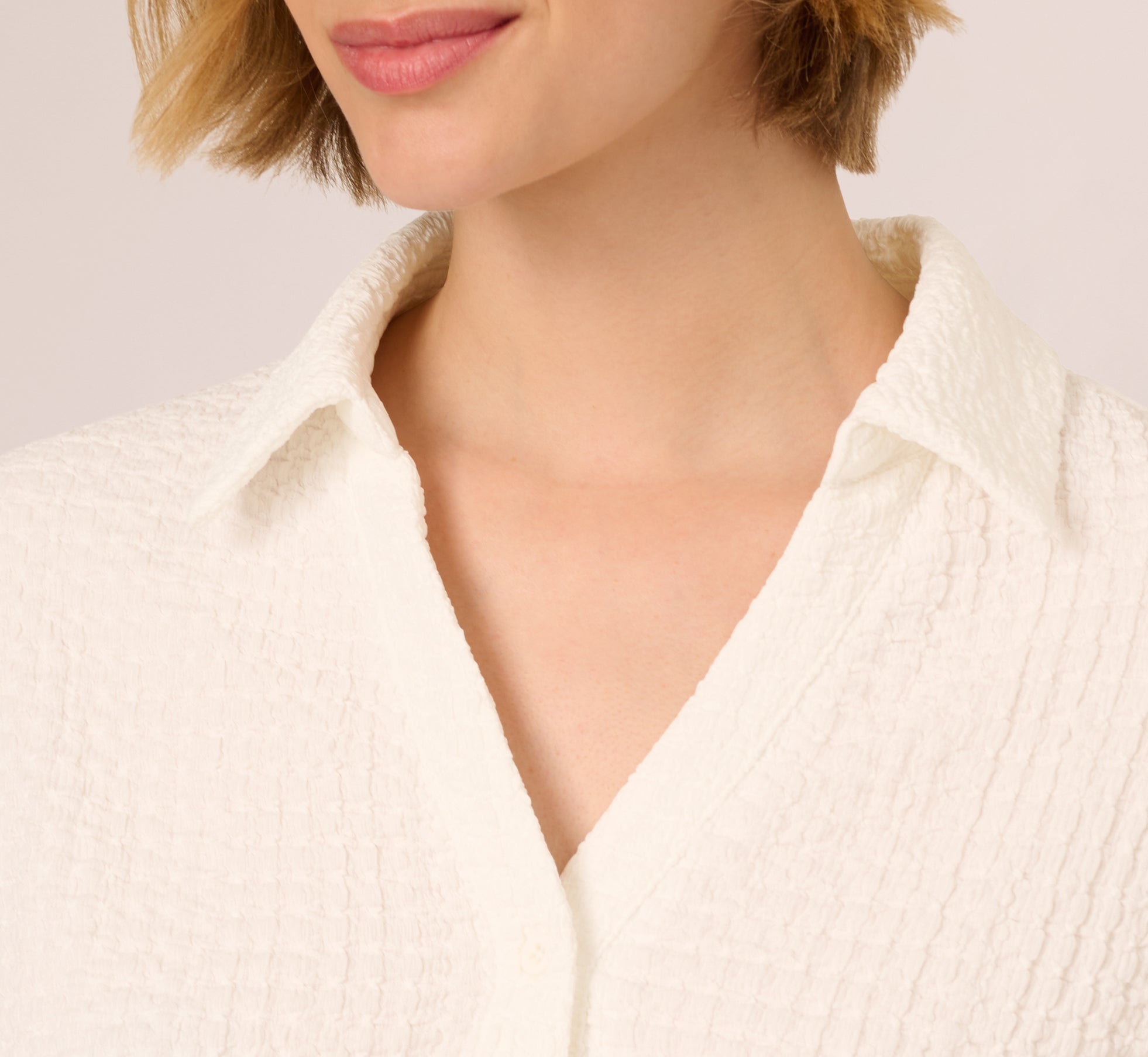 Cap Sleeve Semisheer Textured Button Front Top In Ivory