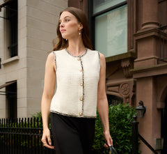 Fray Trim Tweed Vest Cardigan In Ivory