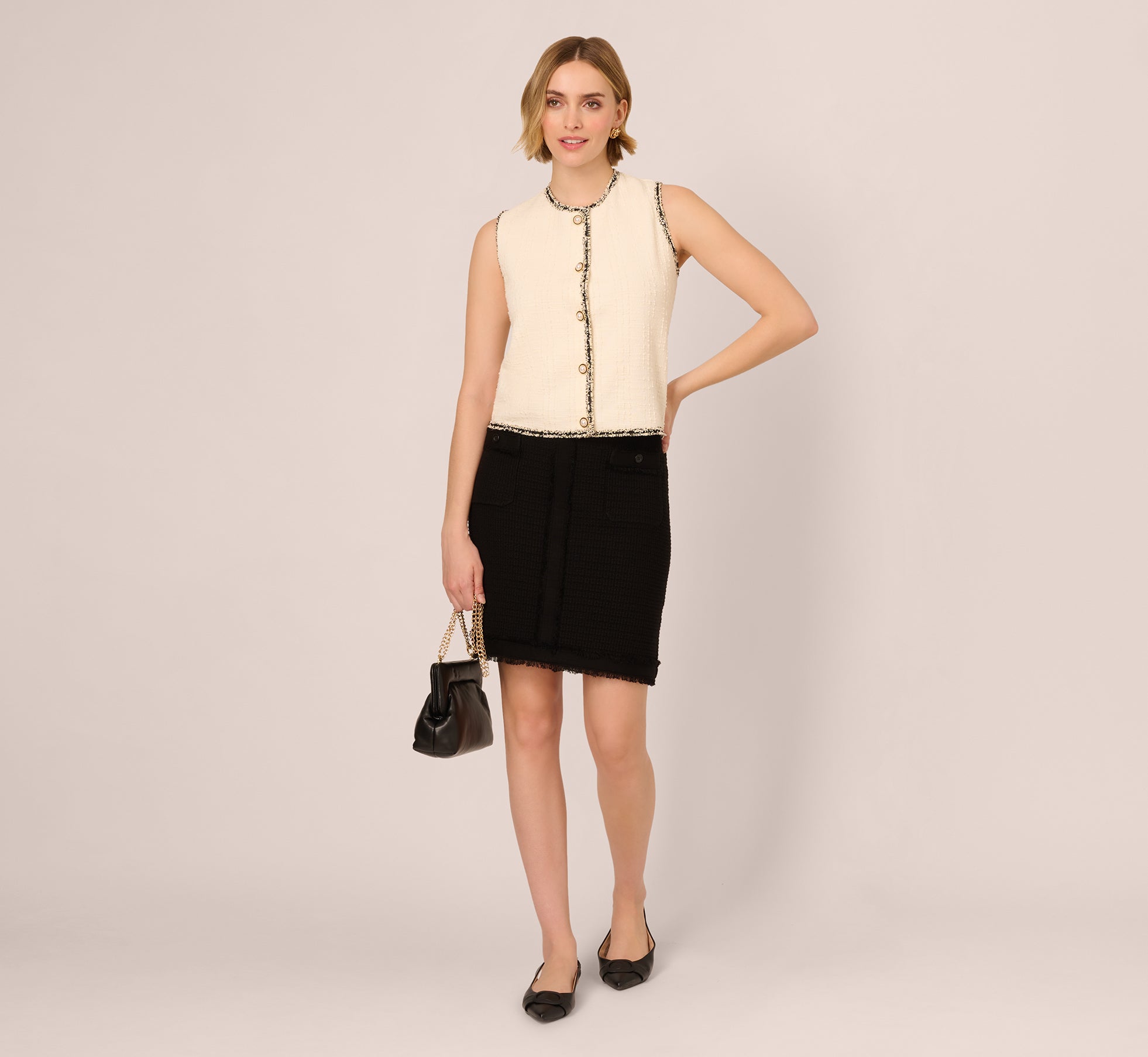 Fray Trim Tweed Vest Cardigan In Ivory