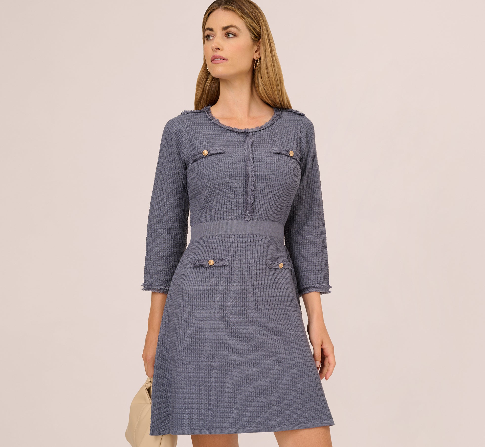 Three Quarter Sleeve Waffle Knit Short Dress In Dusty Blue