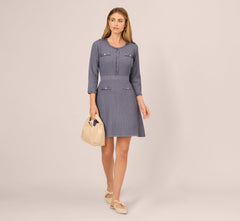 Three Quarter Sleeve Waffle Knit Short Dress In Dusty Blue