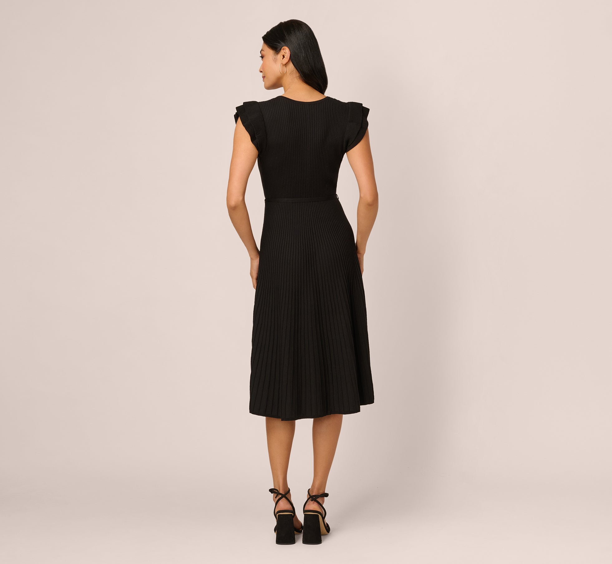 Flutter Sleeve Ribbed Cable Midi Dress In Black