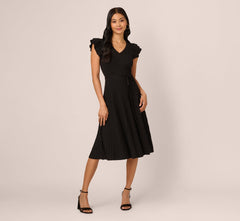 Flutter Sleeve Ribbed Cable Midi Dress In Black
