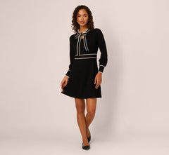 Long Sleeve Contrast Tipped Sweater Dress In Black Ivory