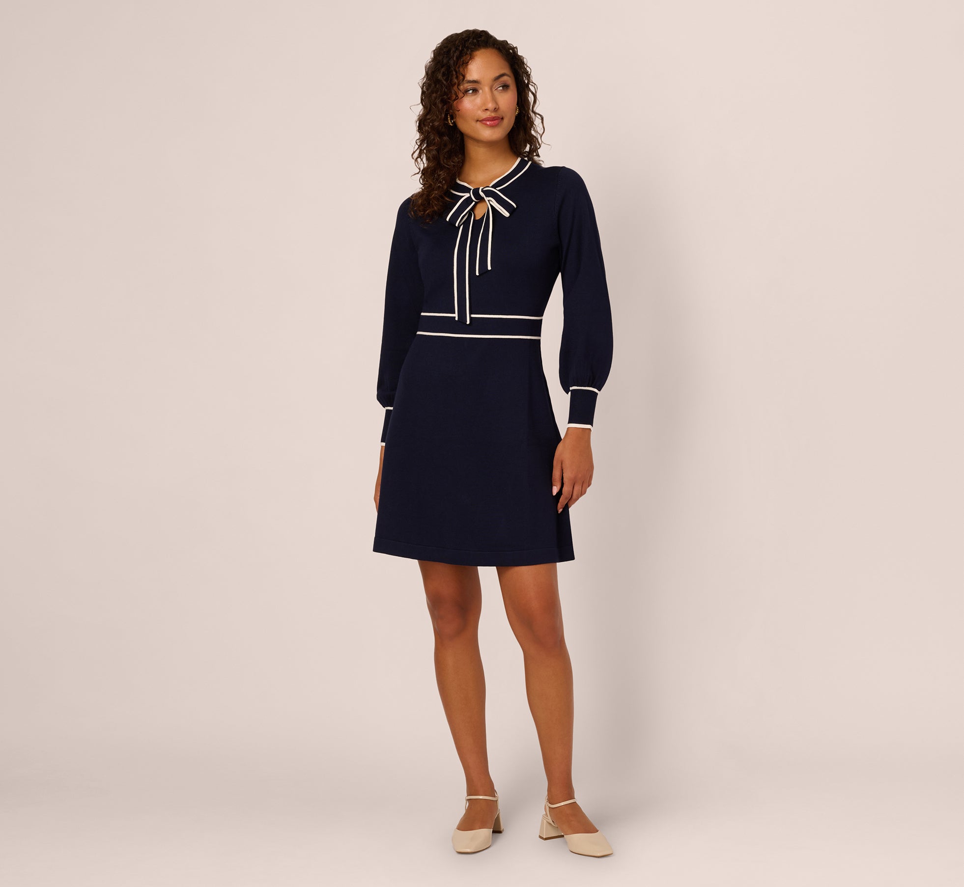 Long Sleeve Contrast Tipped Sweater Dress In Blue Moon Ivory
