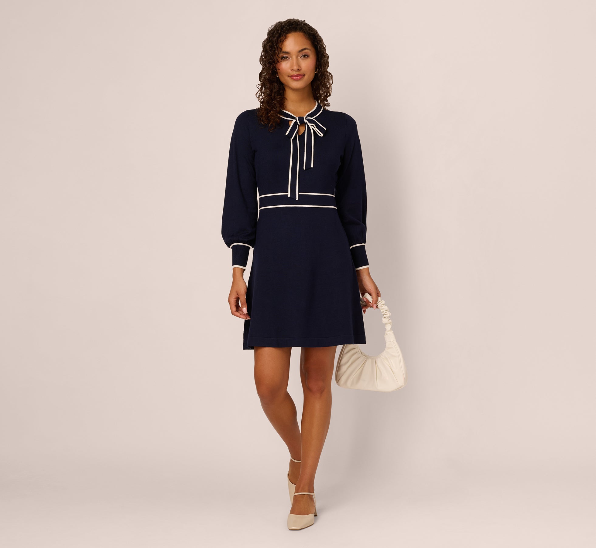 Long Sleeve Contrast Tipped Sweater Dress In Blue Moon Ivory