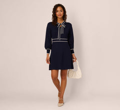 Long Sleeve Contrast Tipped Sweater Dress In Blue Moon Ivory