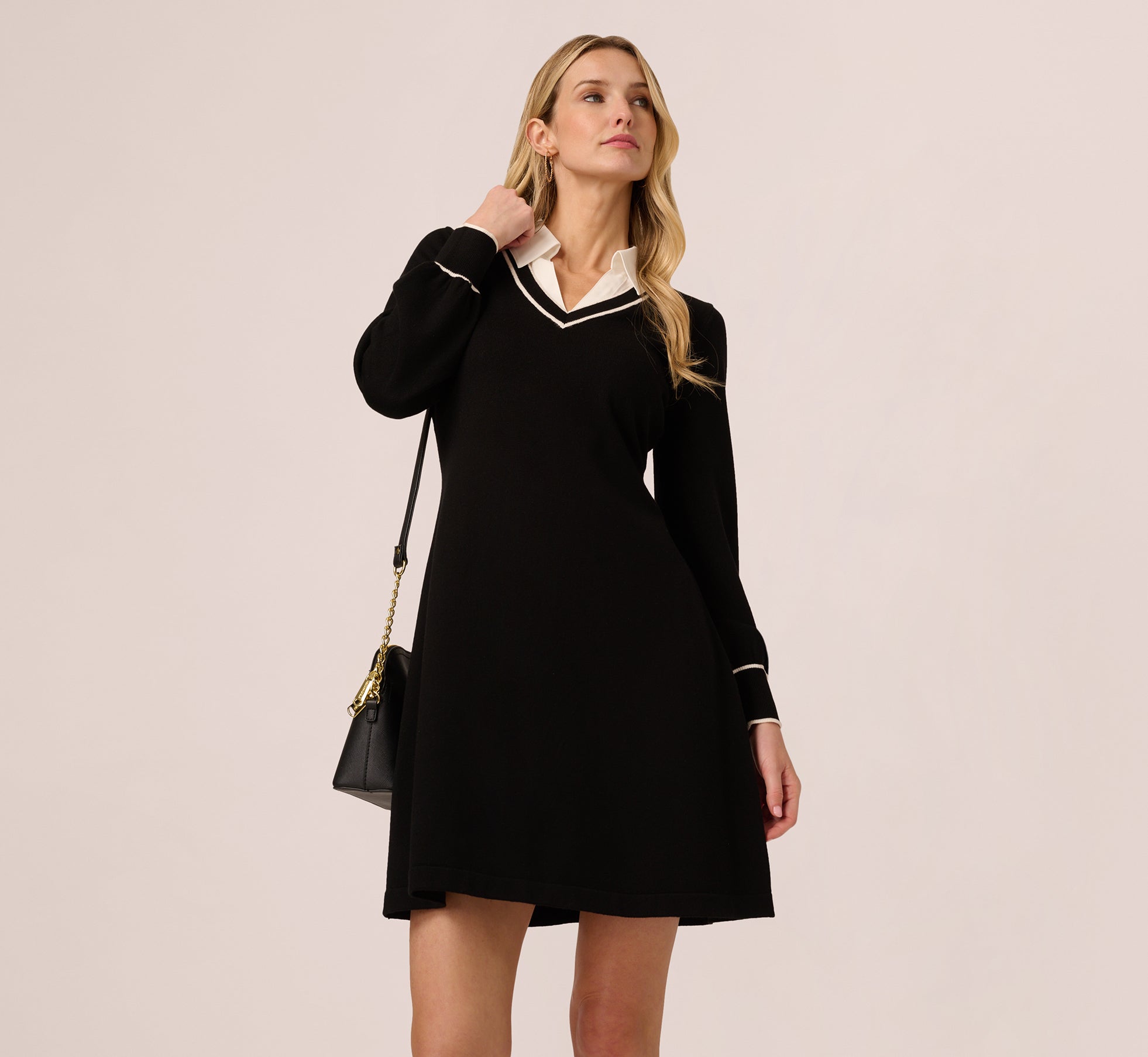 Long Sleeve Collared Twofer Sweater Dress In Black Ivory