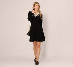 Long Sleeve Collared Twofer Sweater Dress In Black Ivory