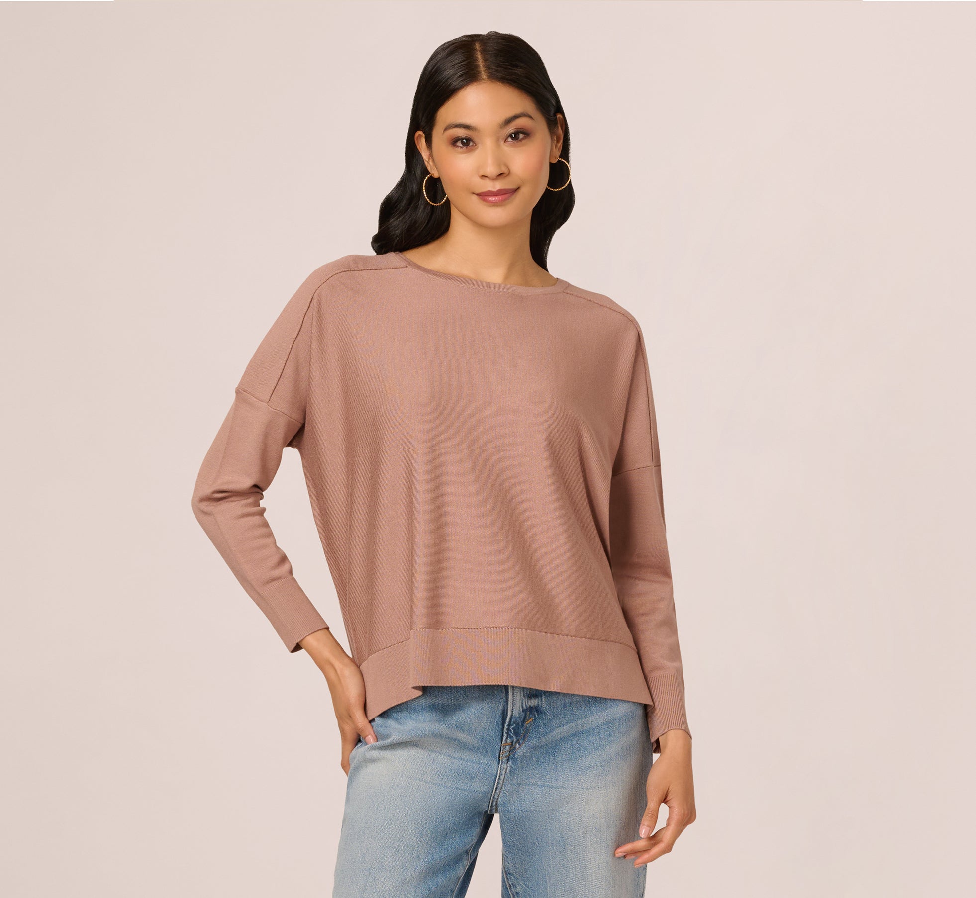 Long Sleeve Drop Shoulder Pullover Sweater Top In Cocoa