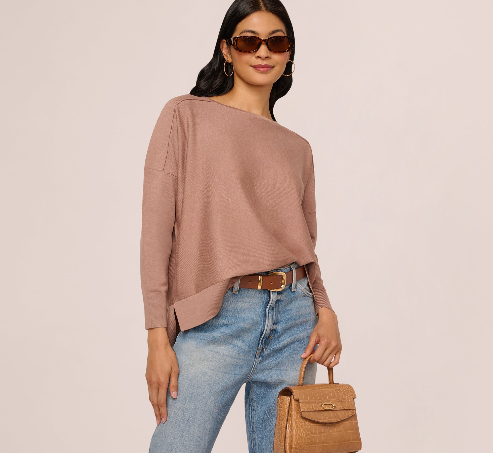 Long Sleeve Drop Shoulder Pullover Sweater Top In Cocoa