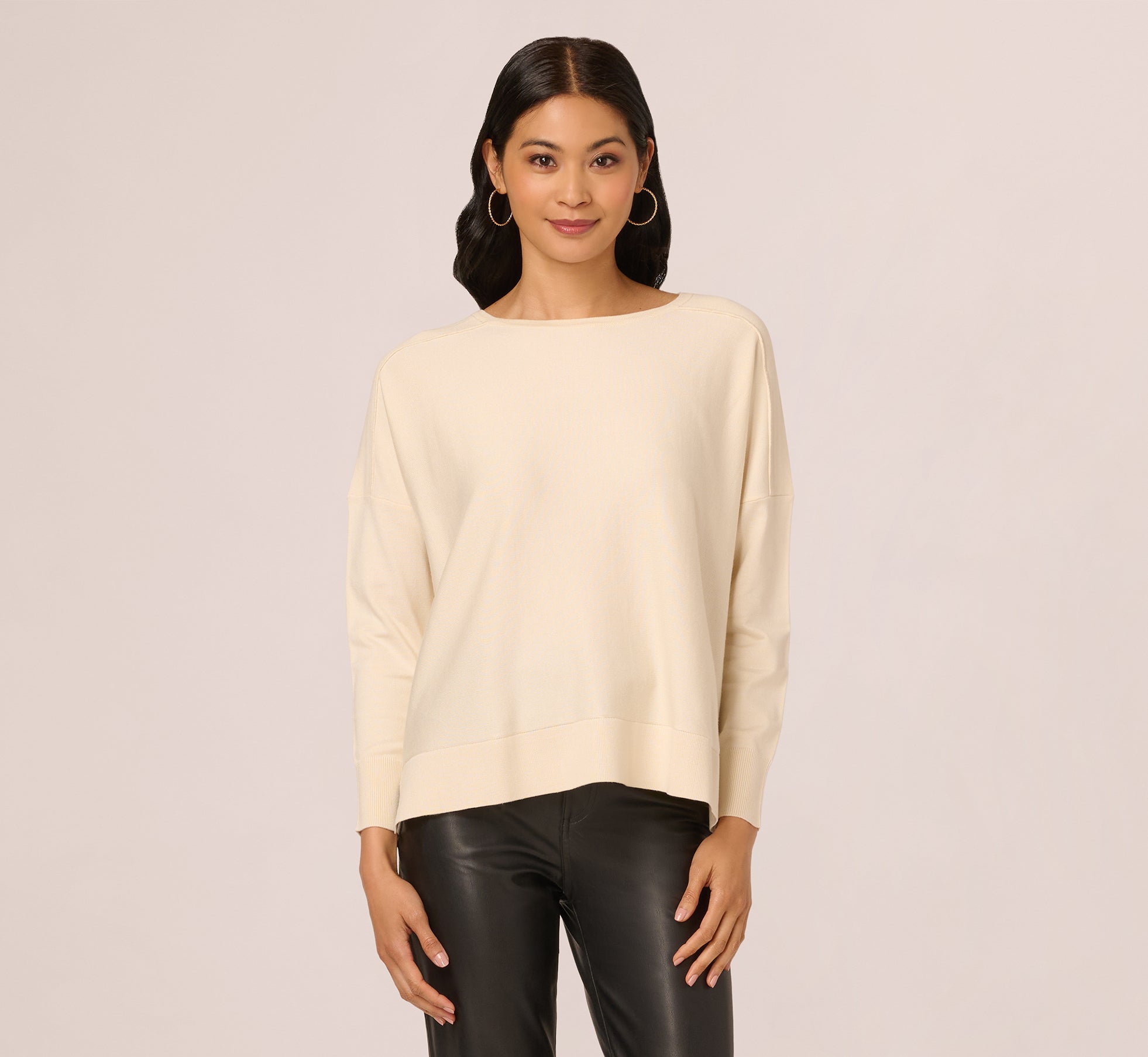 Long Sleeve Drop Shoulder Pullover Sweater Top In Cream