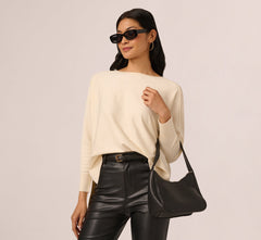 Long Sleeve Drop Shoulder Pullover Sweater Top In Cream