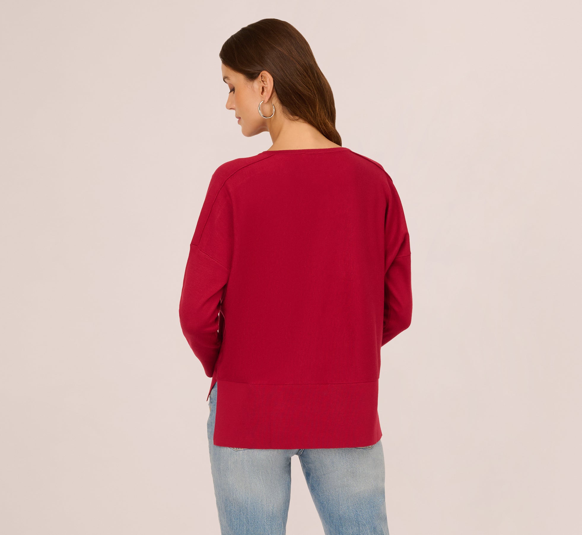 Long Sleeve Drop Shoulder Pullover Sweater Top In Cranberry