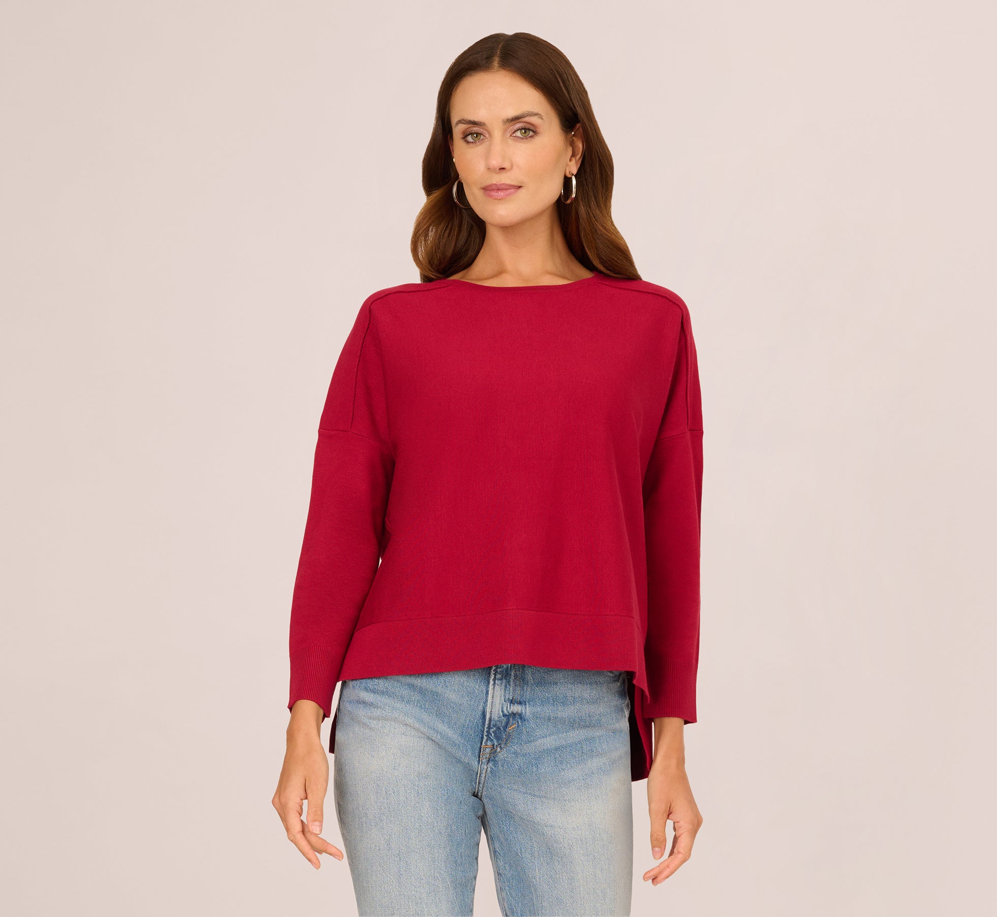 Long Sleeve Drop Shoulder Pullover Sweater Top In Cranberry