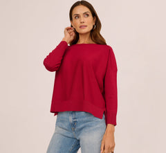 Long Sleeve Drop Shoulder Pullover Sweater Top In Cranberry