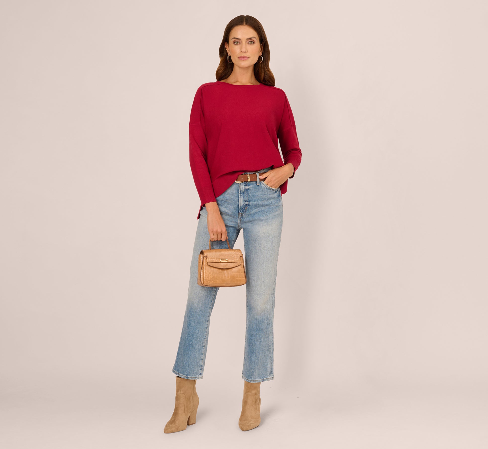 Long Sleeve Drop Shoulder Pullover Sweater Top In Cranberry