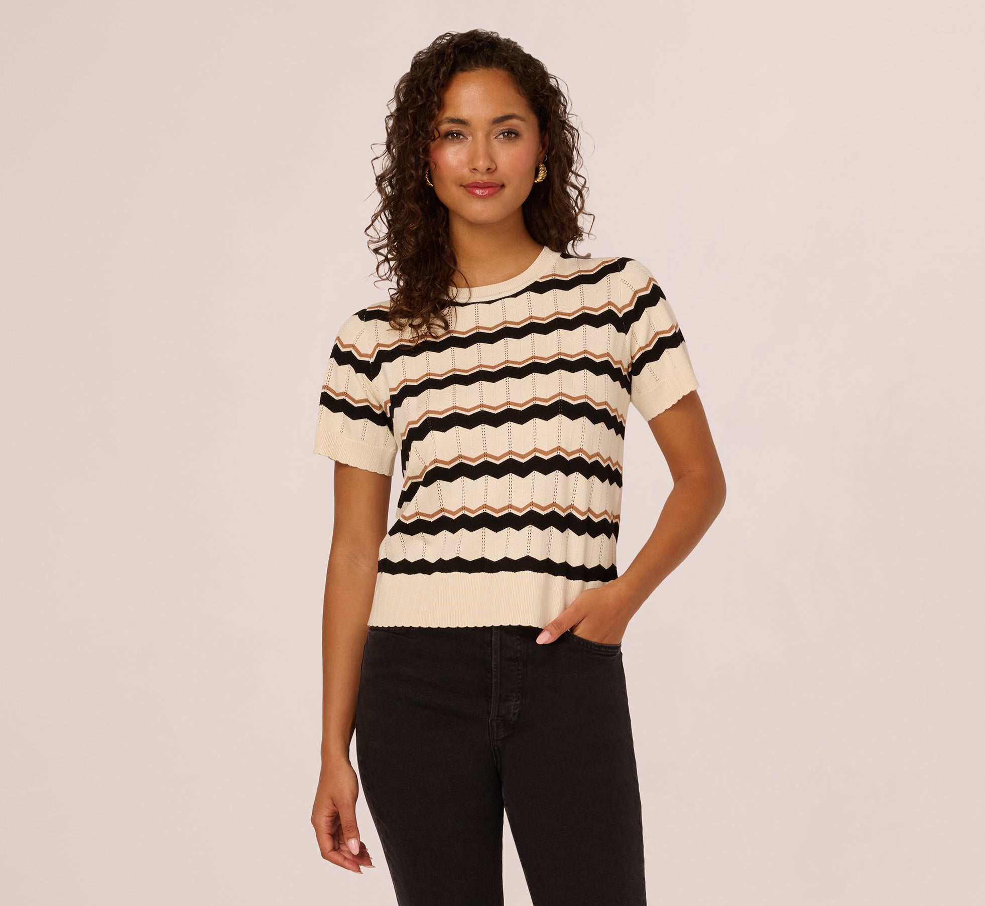 Short Sleeve Pointelle Stripe Sweater In Cream Black Camel