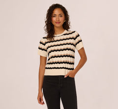 Short Sleeve Pointelle Stripe Sweater In Cream Black Camel