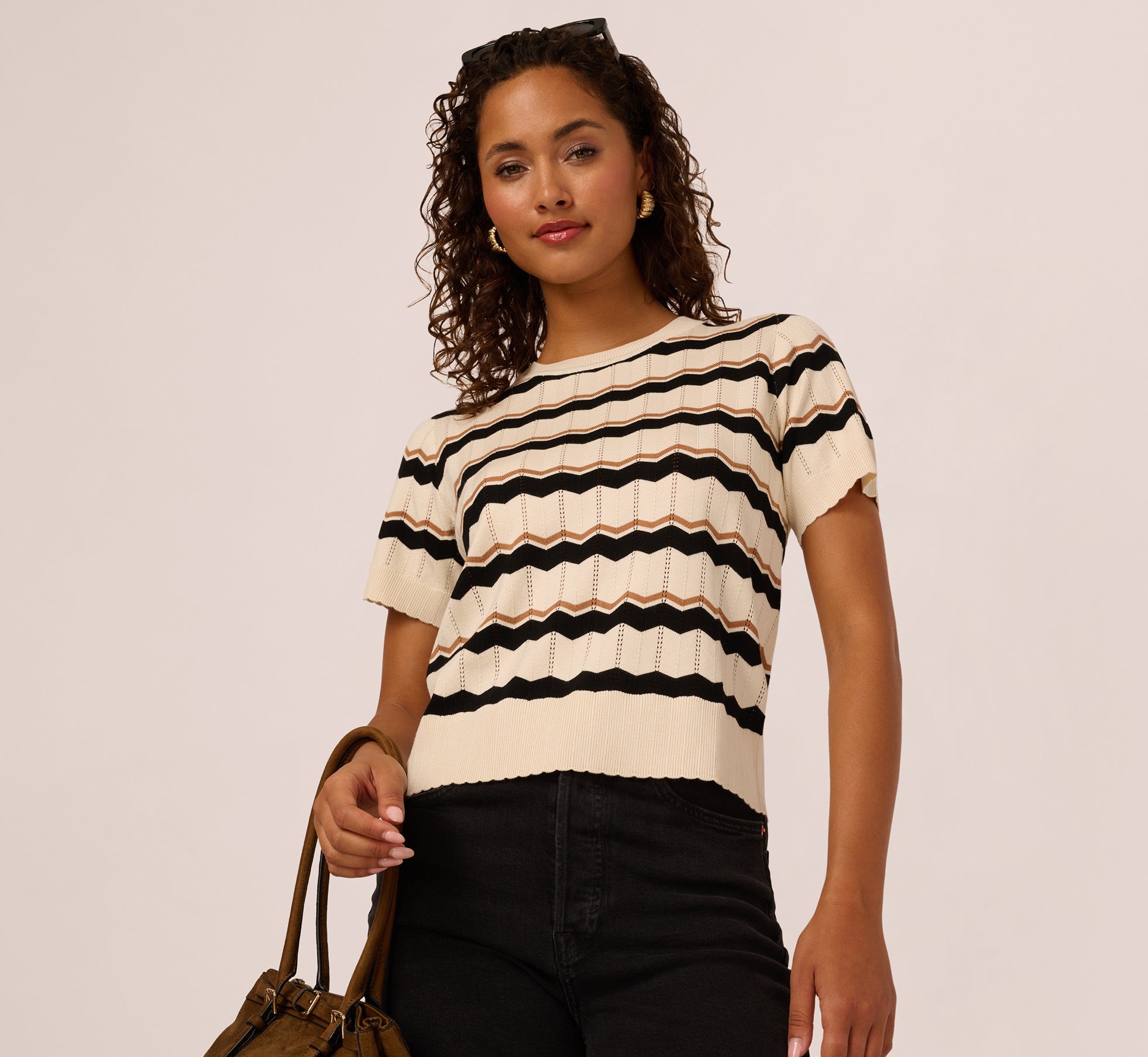 Short Sleeve Pointelle Stripe Sweater In Cream Black Camel