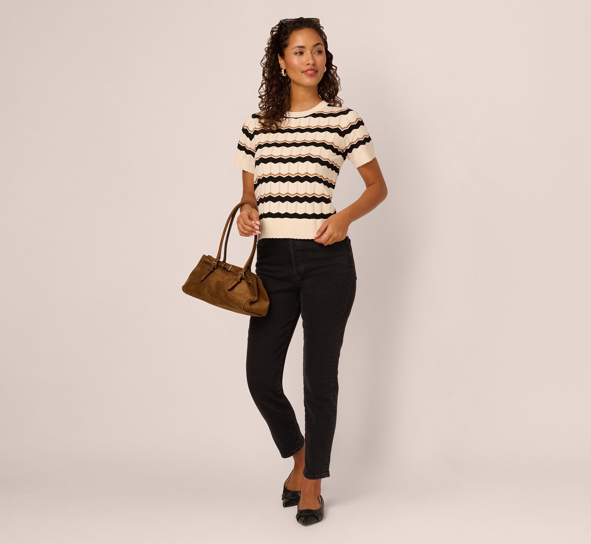 Short Sleeve Pointelle Stripe Sweater In Cream Black Camel