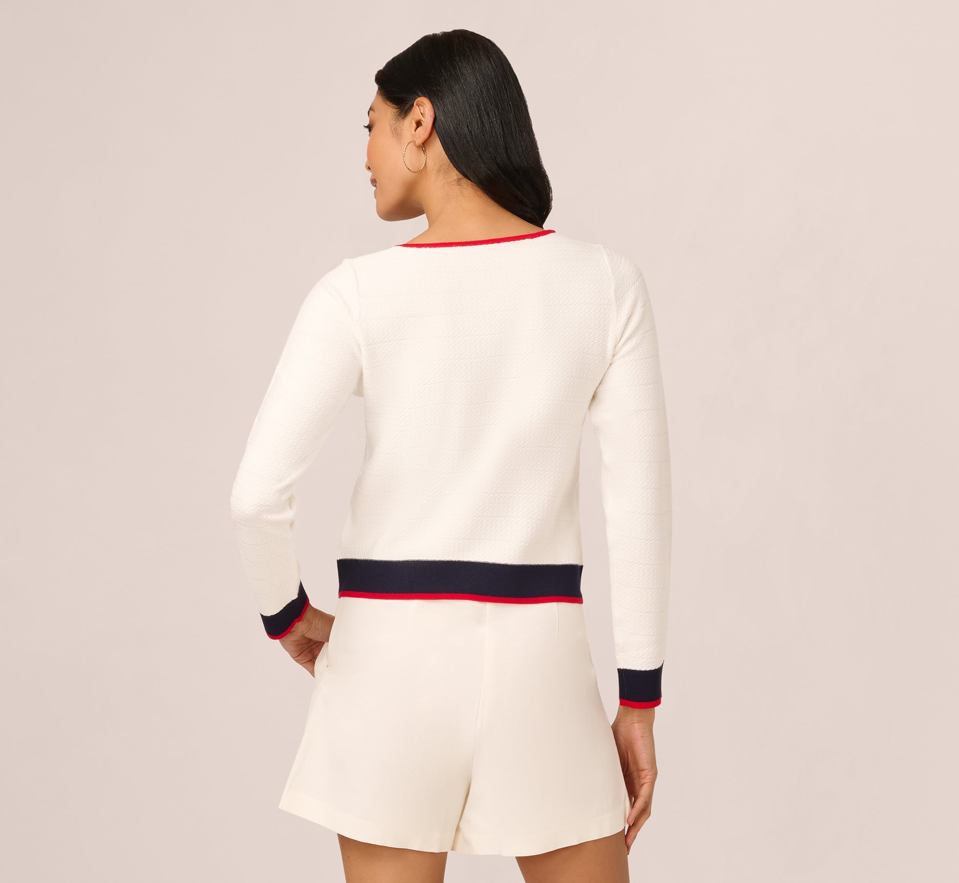 Long Sleeve Contrast Tipped Bow Sweater In Ivory Navy Red