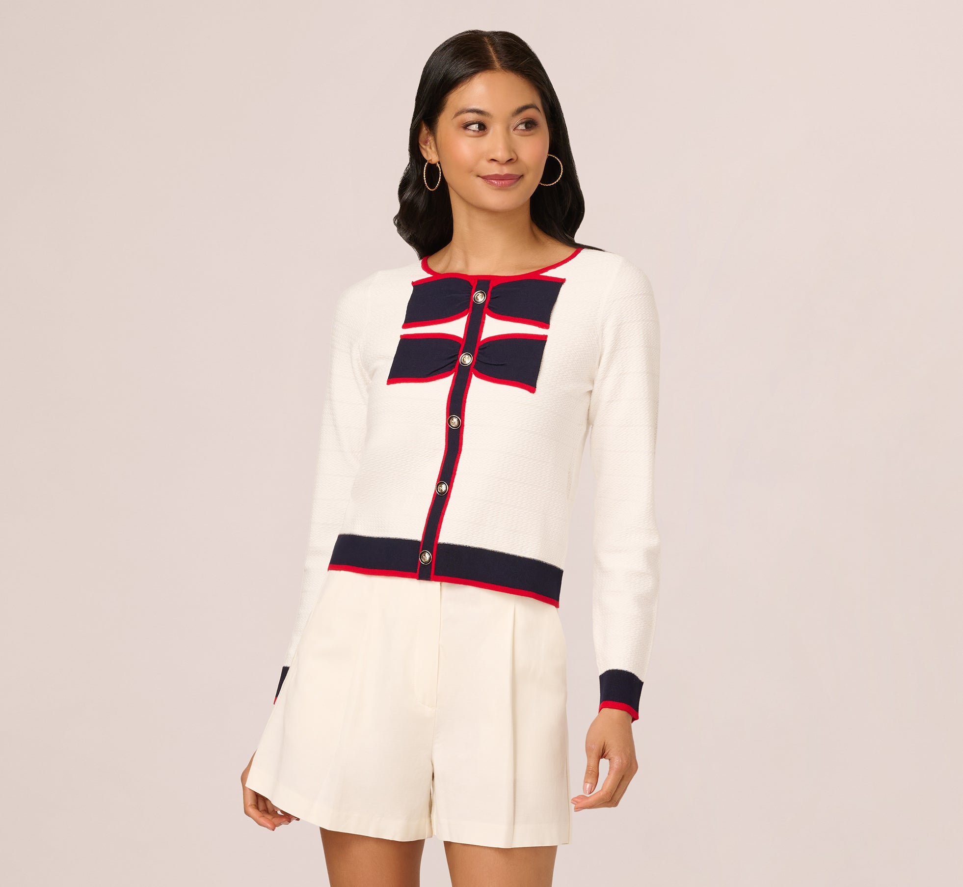 Long Sleeve Contrast Tipped Bow Sweater In Ivory Navy Red