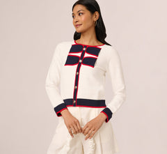 Long Sleeve Contrast Tipped Bow Sweater In Ivory Navy Red