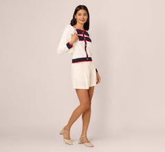 Long Sleeve Contrast Tipped Bow Sweater In Ivory Navy Red