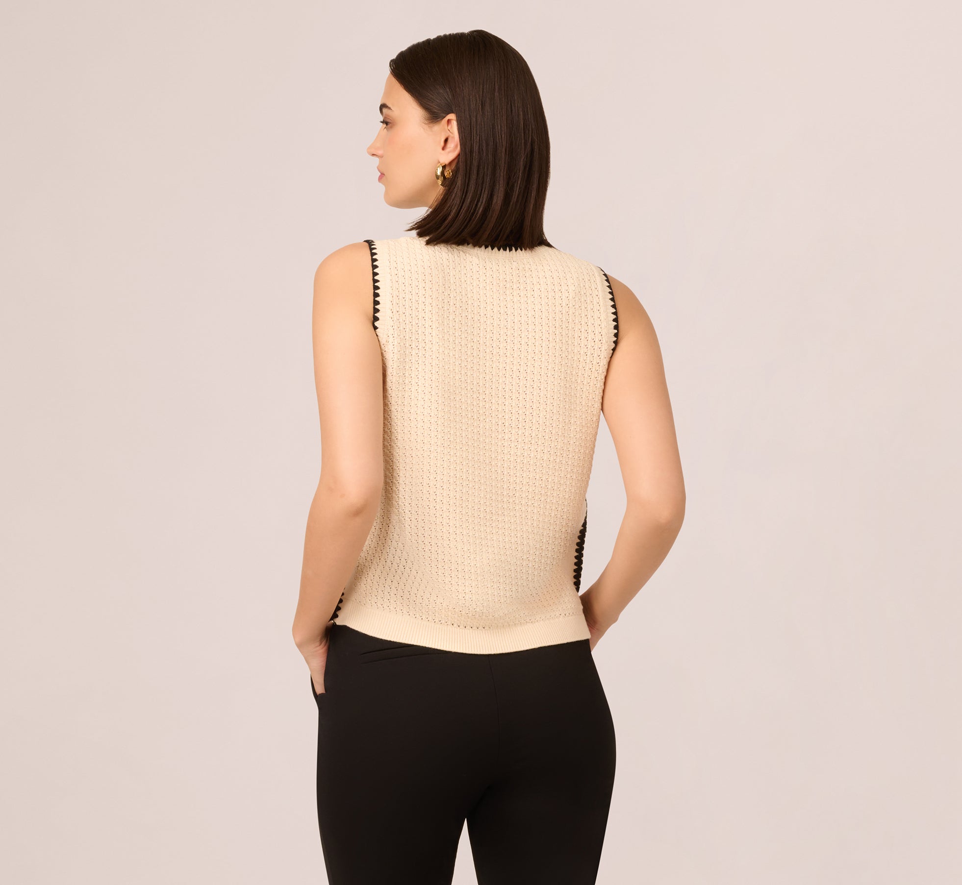 Sleeveless Open Knit Whipstitch Sweater Top In Cream Black