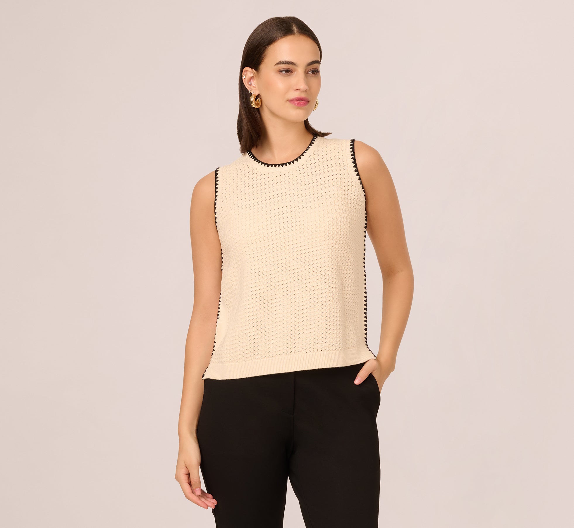 Sleeveless Open Knit Whipstitch Sweater Top In Cream Black