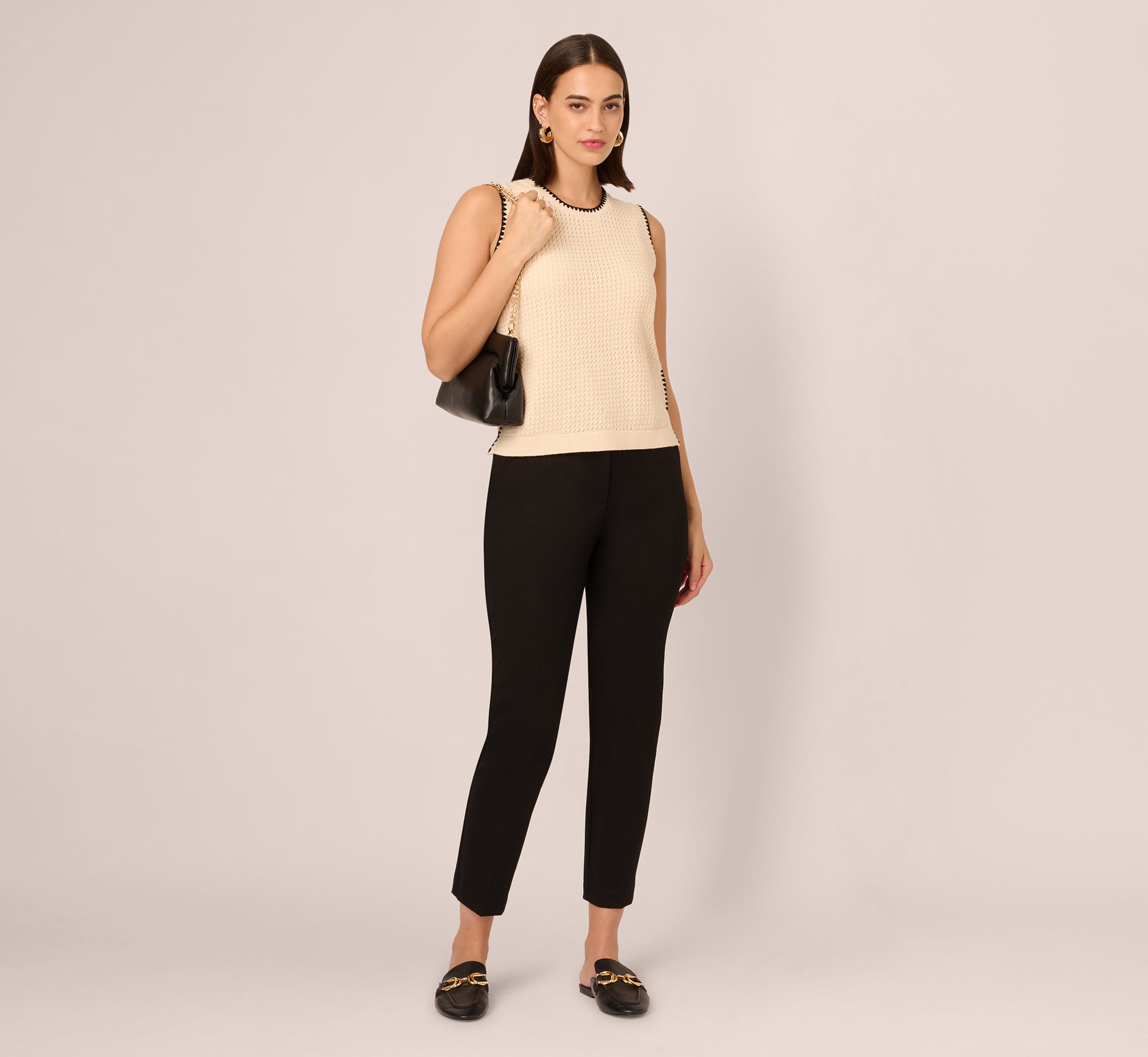 Sleeveless Open Knit Whipstitch Sweater Top In Cream Black