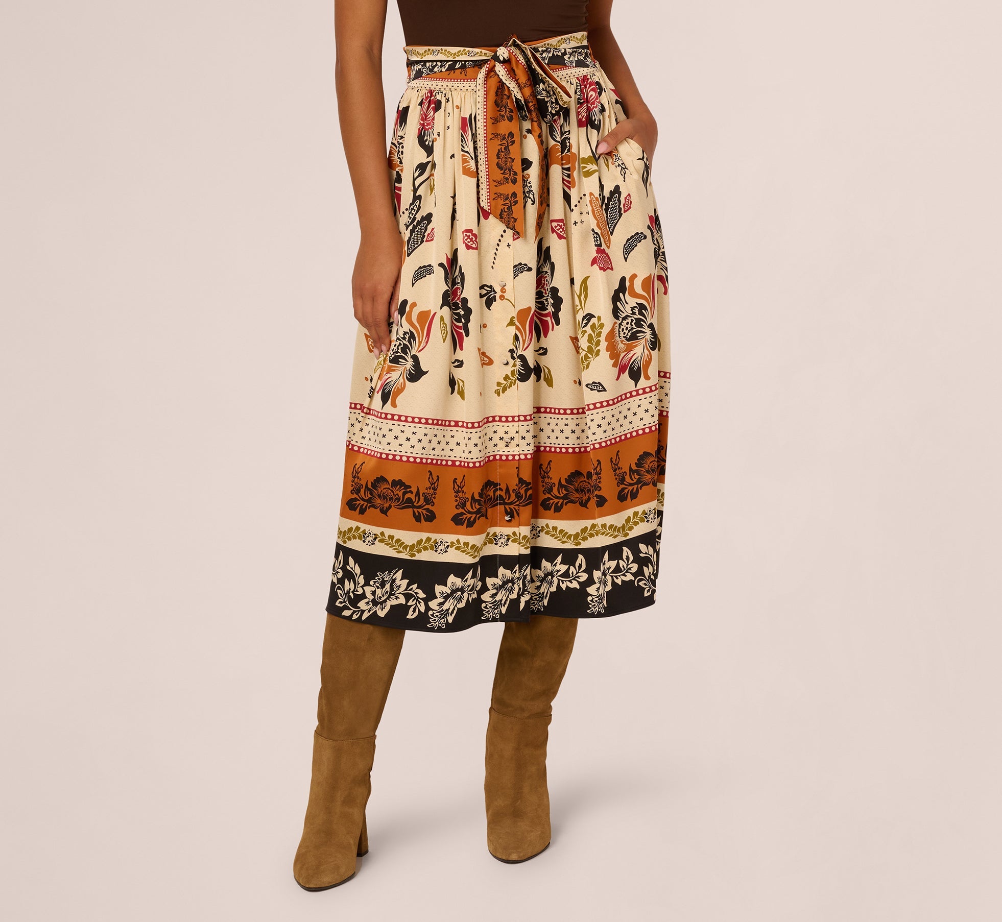 Tie Front Floral Printed Midi Skirt In Tropic Border Vine