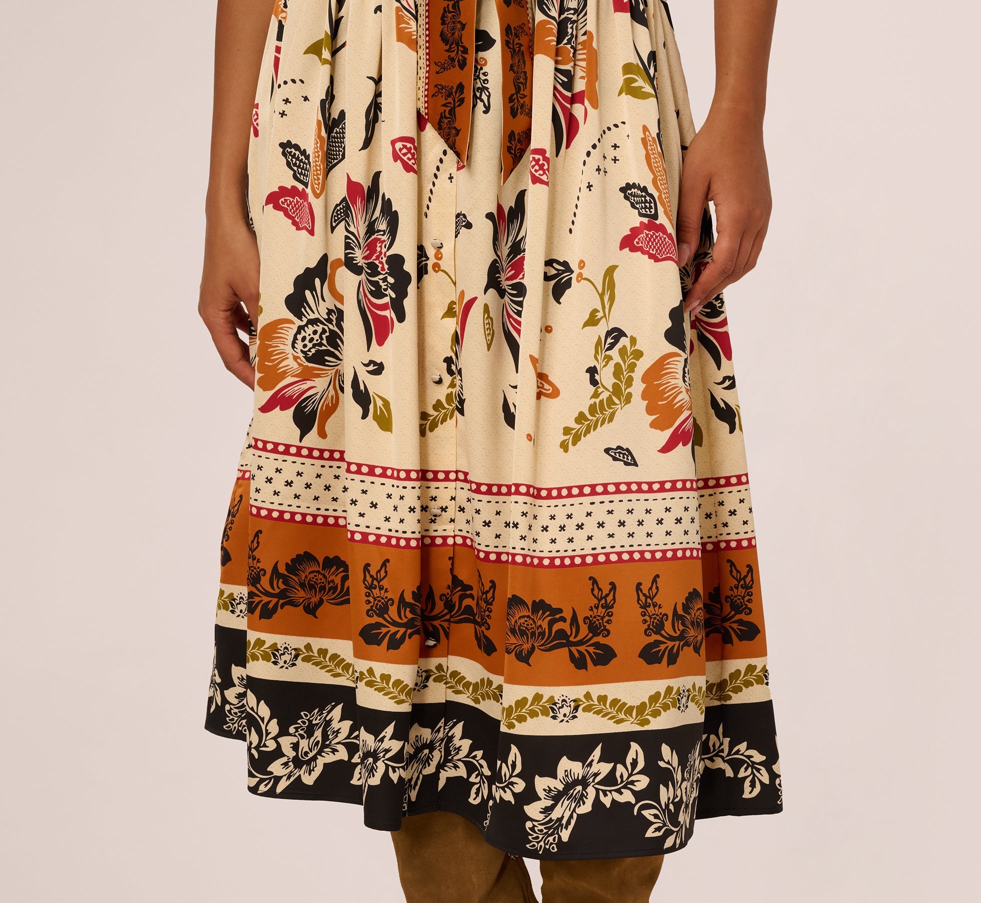 Tie Front Floral Printed Midi Skirt In Tropic Border Vine