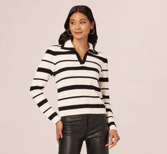 Long Sleeve Striped Polo Sweater Top In Ivory Black