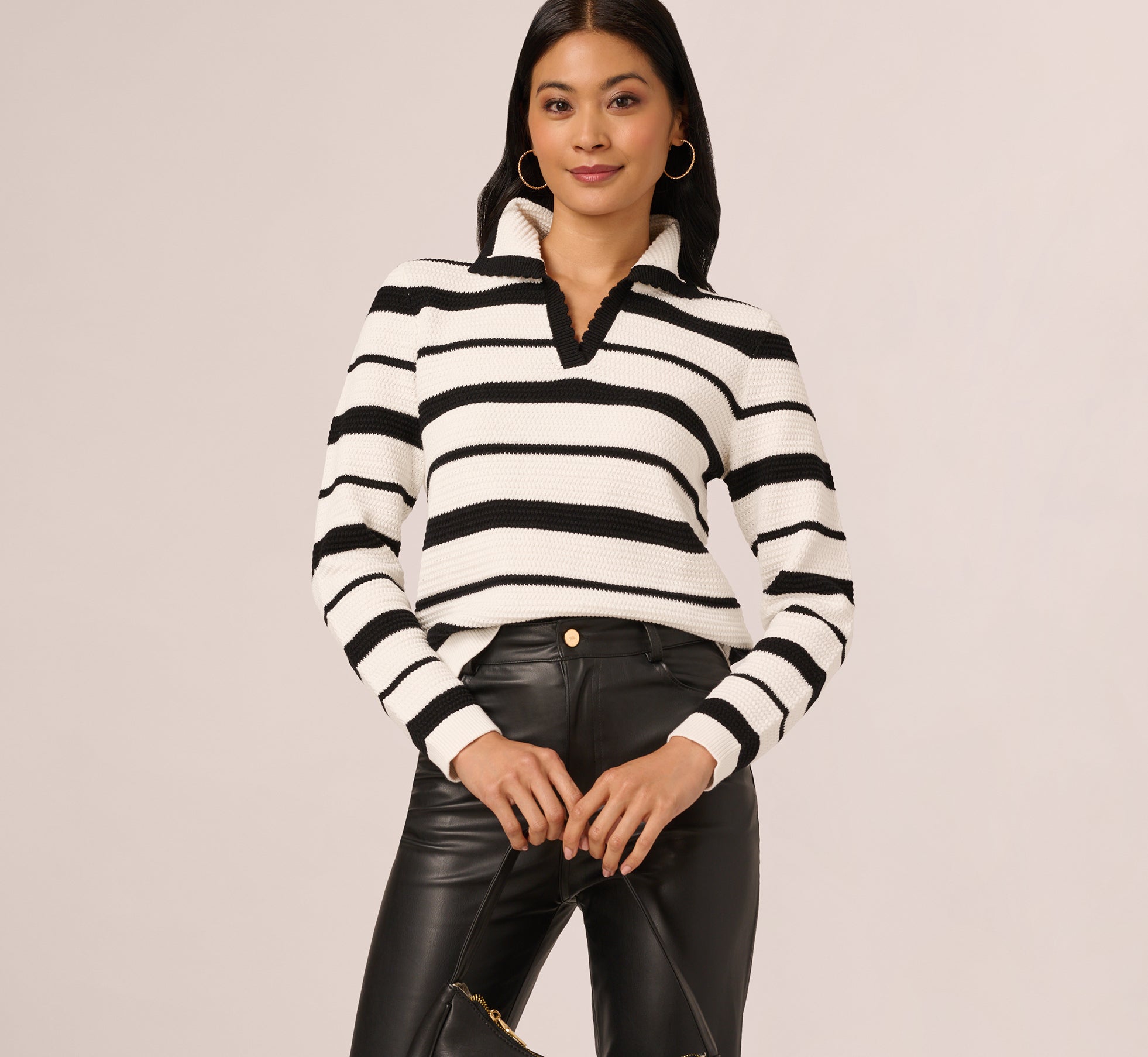 Long Sleeve Striped Polo Sweater Top In Ivory Black