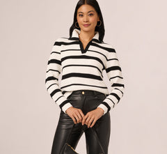 Long Sleeve Striped Polo Sweater Top In Ivory Black