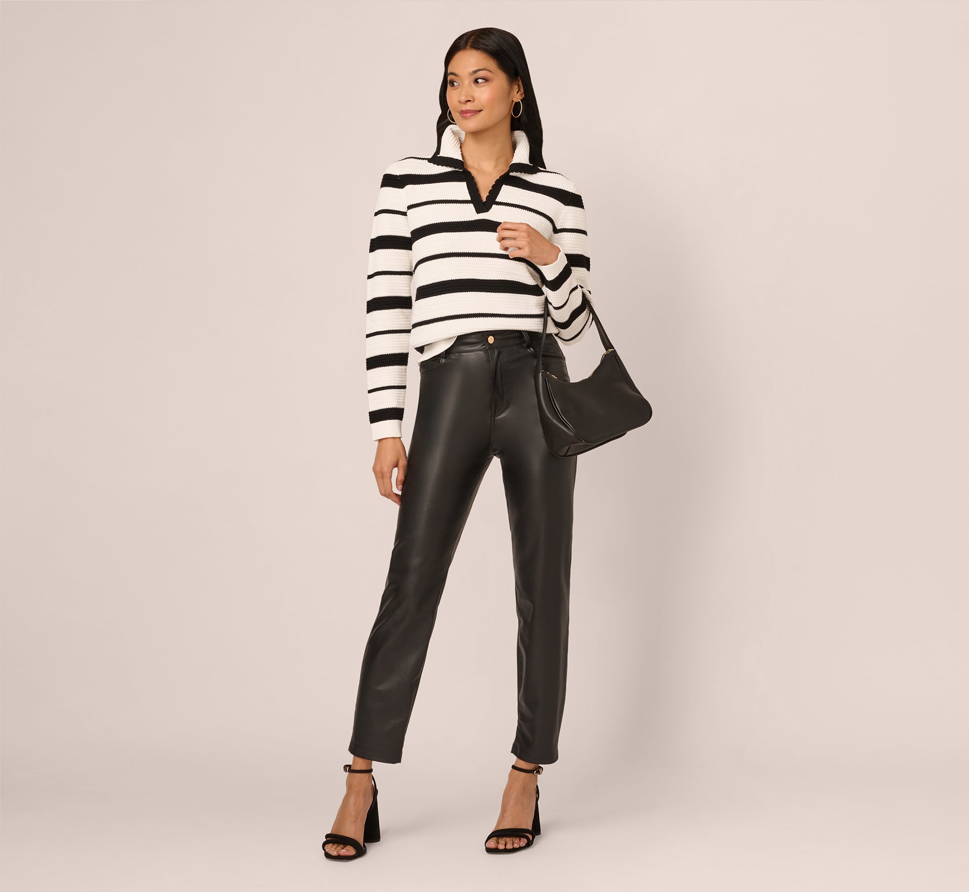 Long Sleeve Striped Polo Sweater Top In Ivory Black