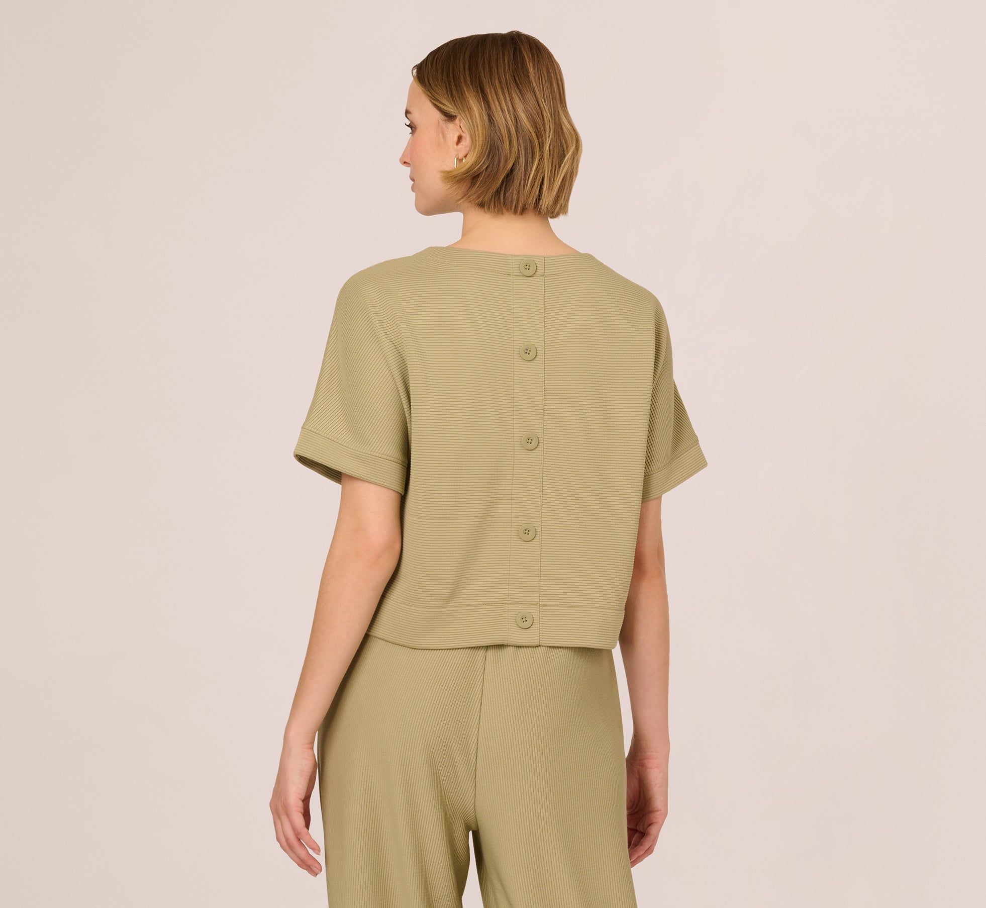 Short Sleeve Rib Knit Back Button Top In Dusty Sage Green