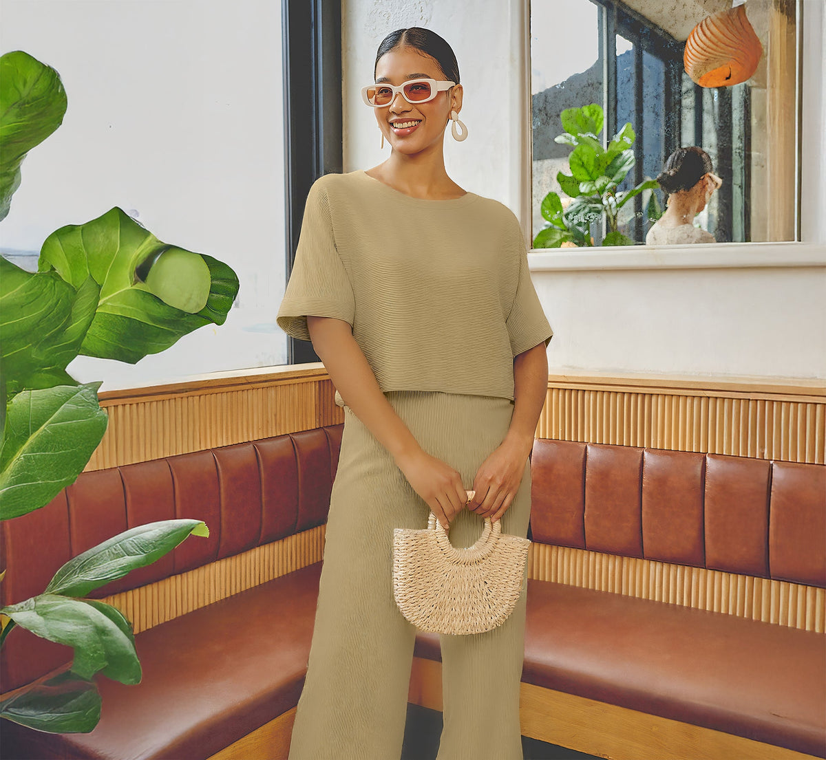 Short Sleeve Rib Knit Back Button Top In Dusty Sage Green